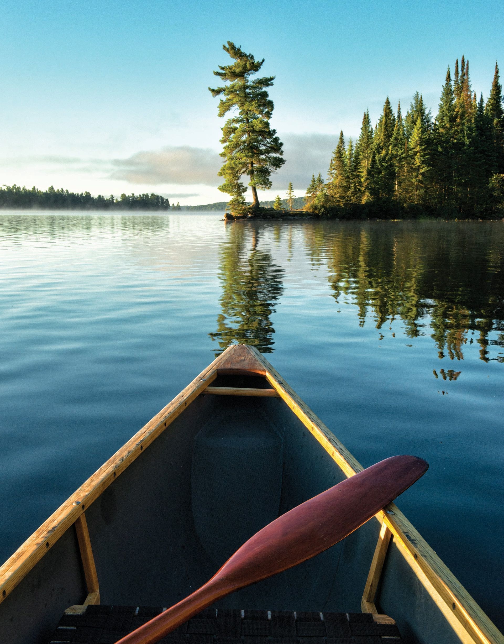 A serene image of the stern of a canoe pointing towards a lone pine tree on a rocky jetty.