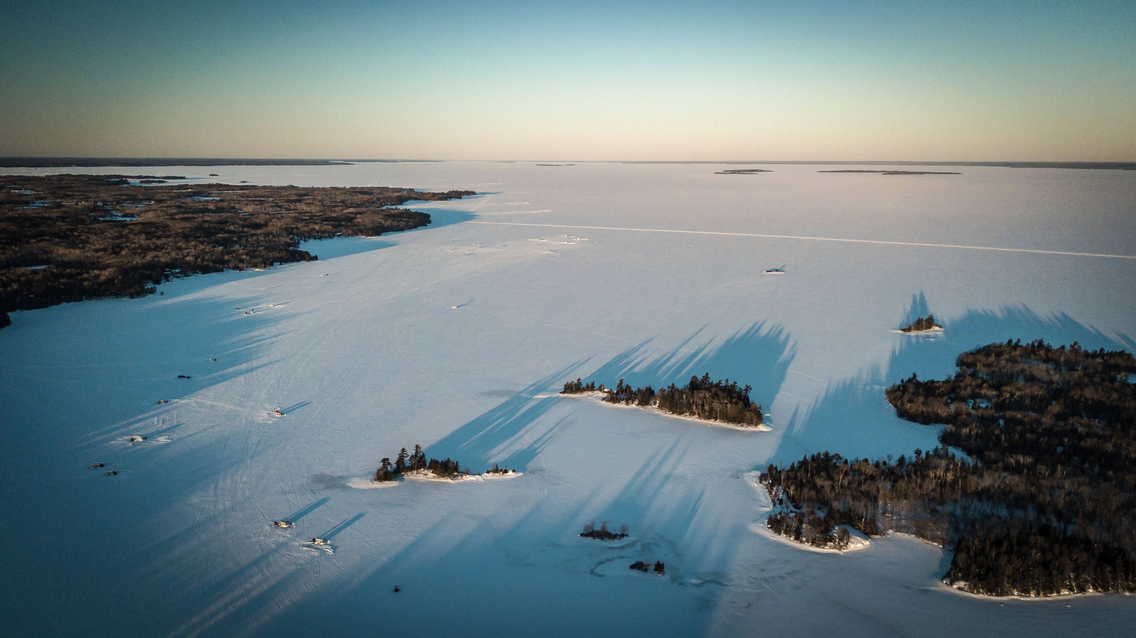 An aerial shot of a frozen Lake Nipissing near North Bay.