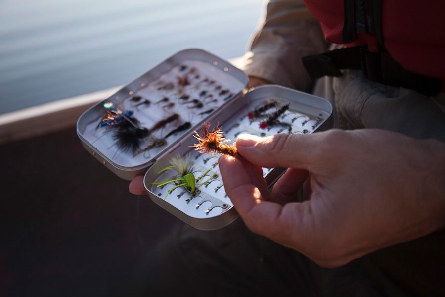A person holding an open case of flys, and they are showing the camera one made of orange feathers.