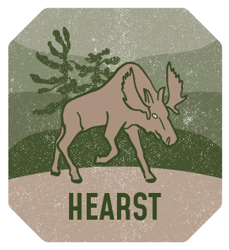 An illustrated badge for the town of Hearst. It has a green background with a brown moose.