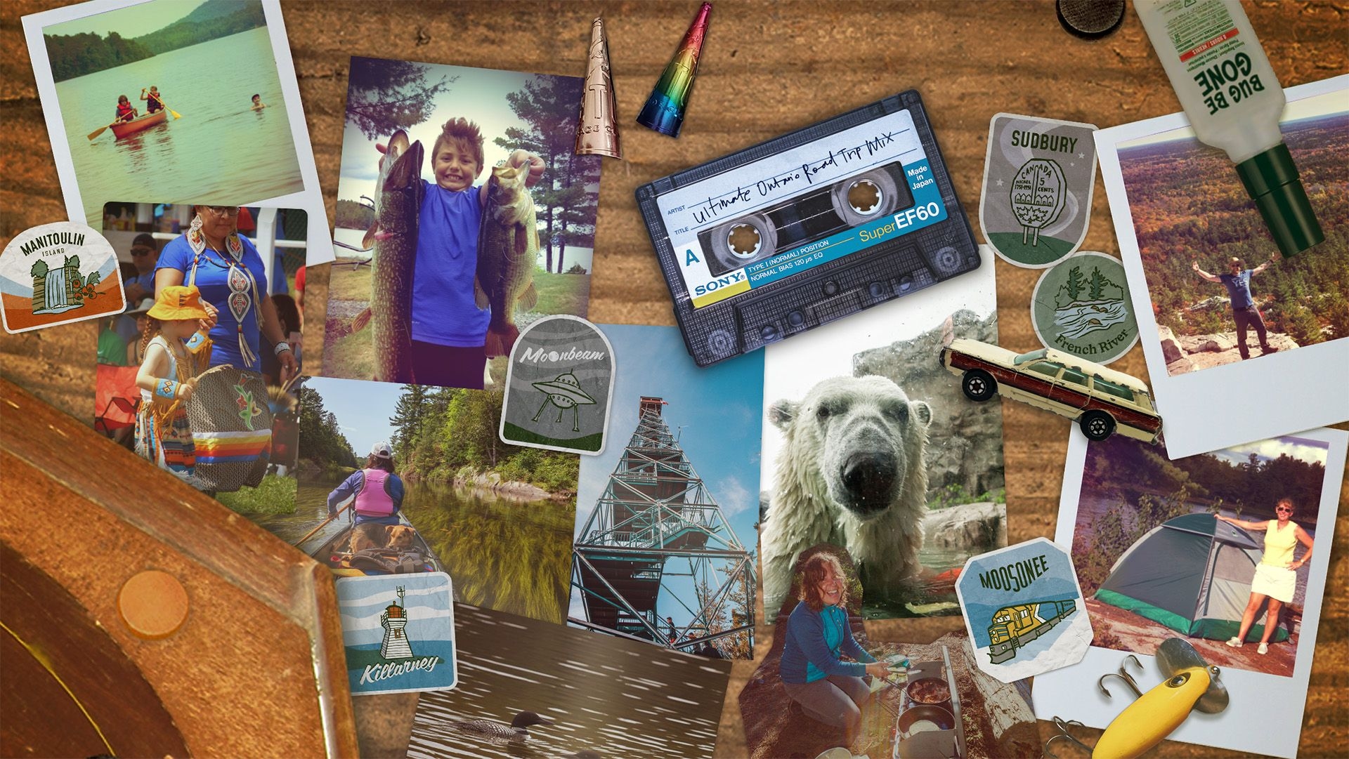 A collage of cut out images, stickers, a cassette, and other images from around the seven.