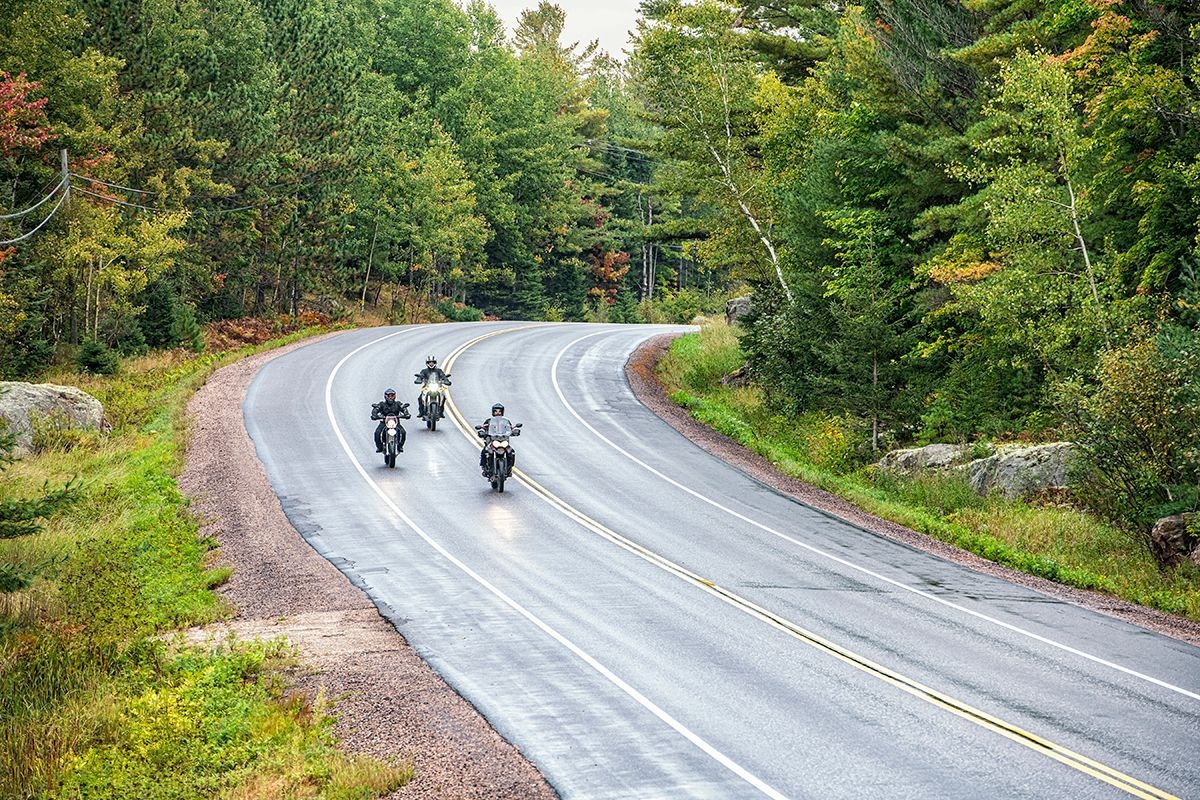 Three motorcyclists along on a highway surrounded by green trees