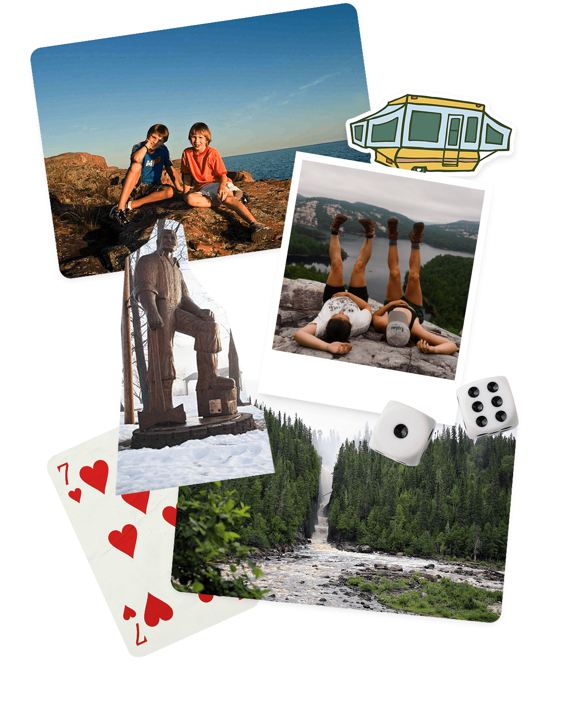A collage of images. A sticker of an RV, Joe Mufferaw, A 7 of hearts card, dice, a waterfall, and two kids on a rock.