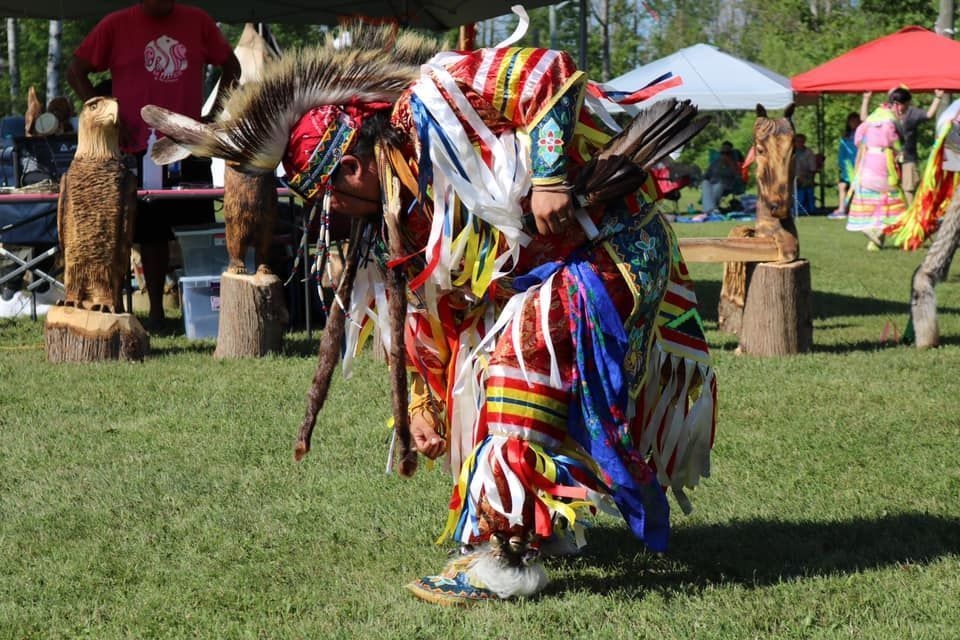 A dancer in colourful regalia at Sheguiandah Annual Jiingtamok.