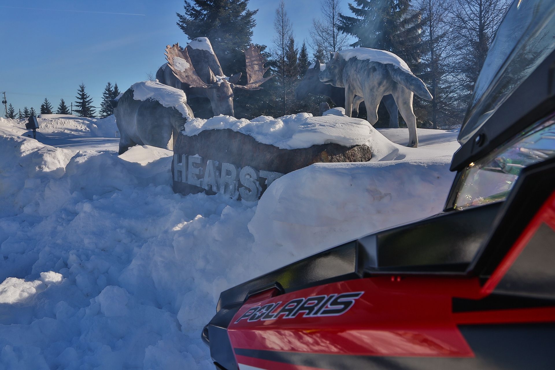 The Hearst town sign covered in snow.