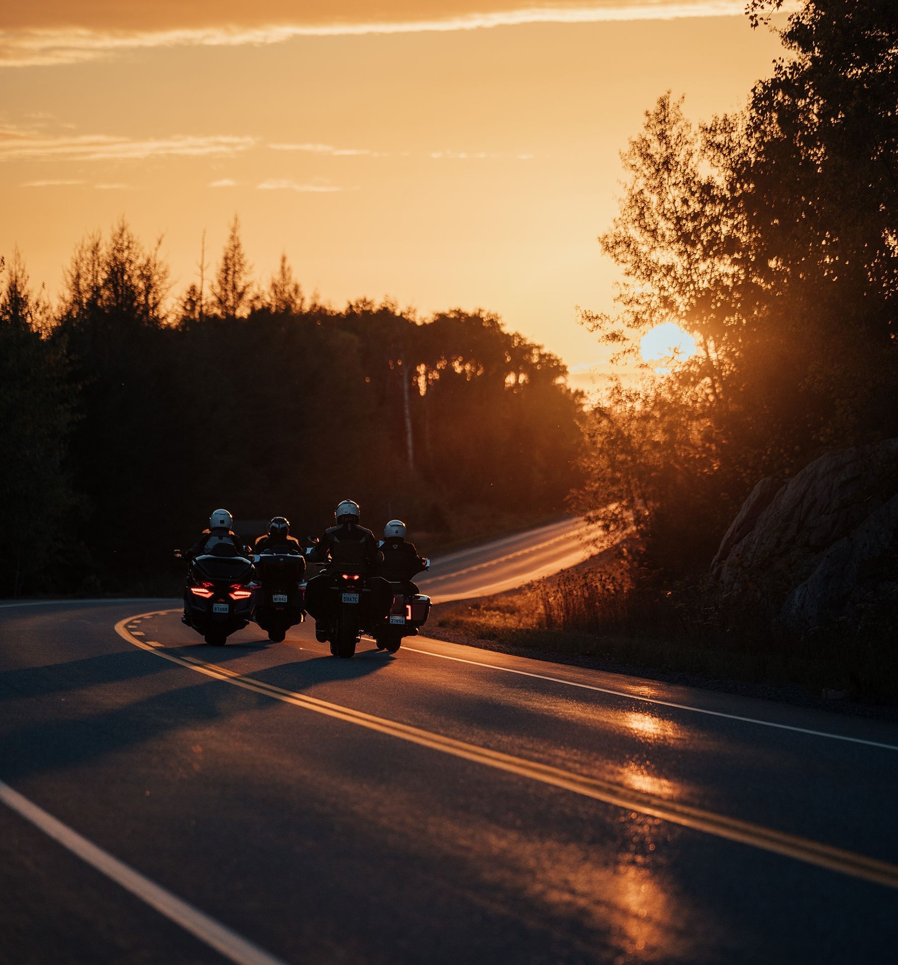 four motorcyclists ride on a two lane high way into the setting sun