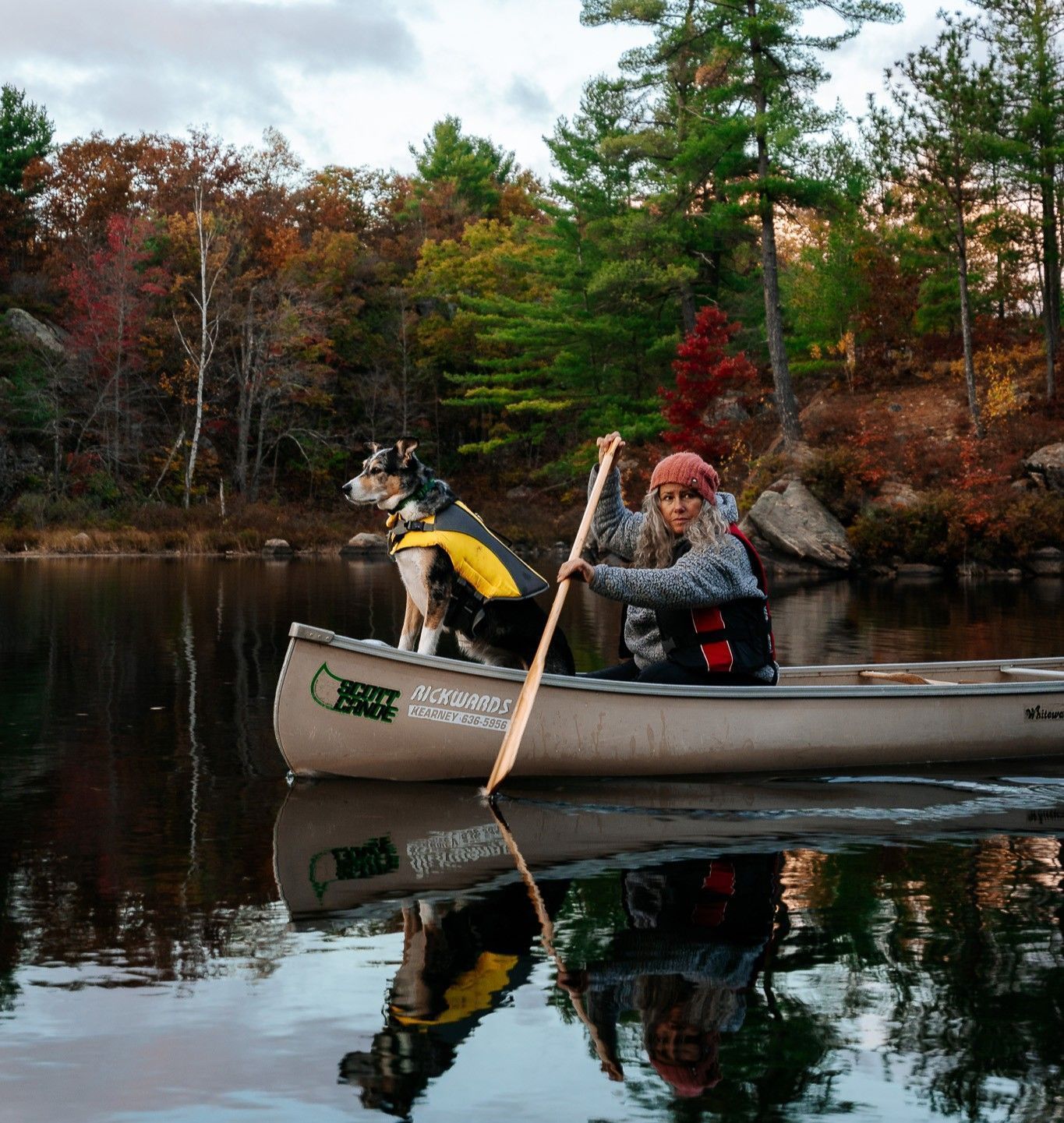 A dog is at the stern of a canoe as a young woman paddles through calm water with fall colours all around.